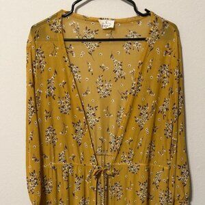 Ember Women's Kimono Duster Cover Up Yellow Mustard Floral Print XL